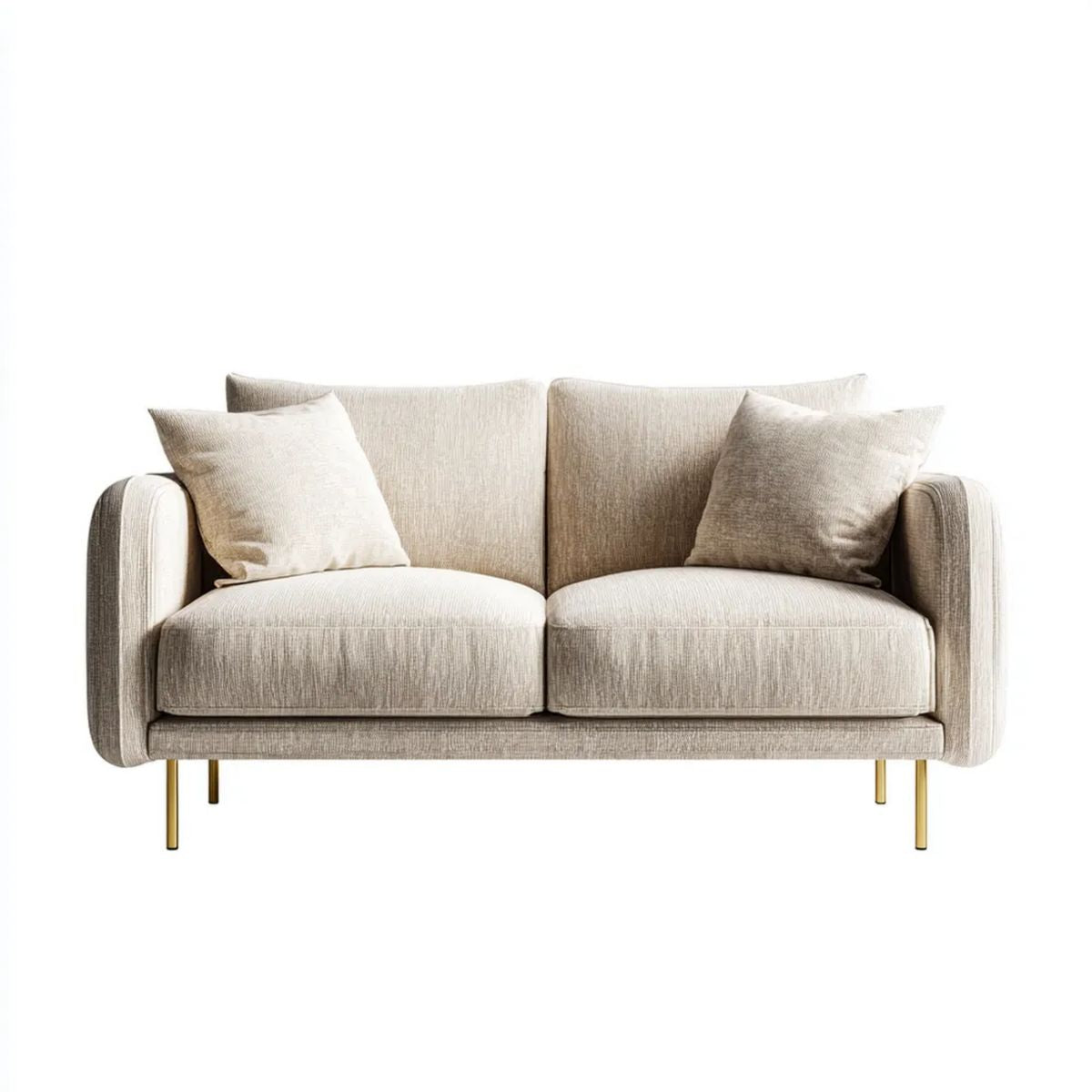 Sofa dwuosobowa beżowa ze złotymi metalowymi nogami, tapicerka poliestrowa, 160 × 85 × 82 cm