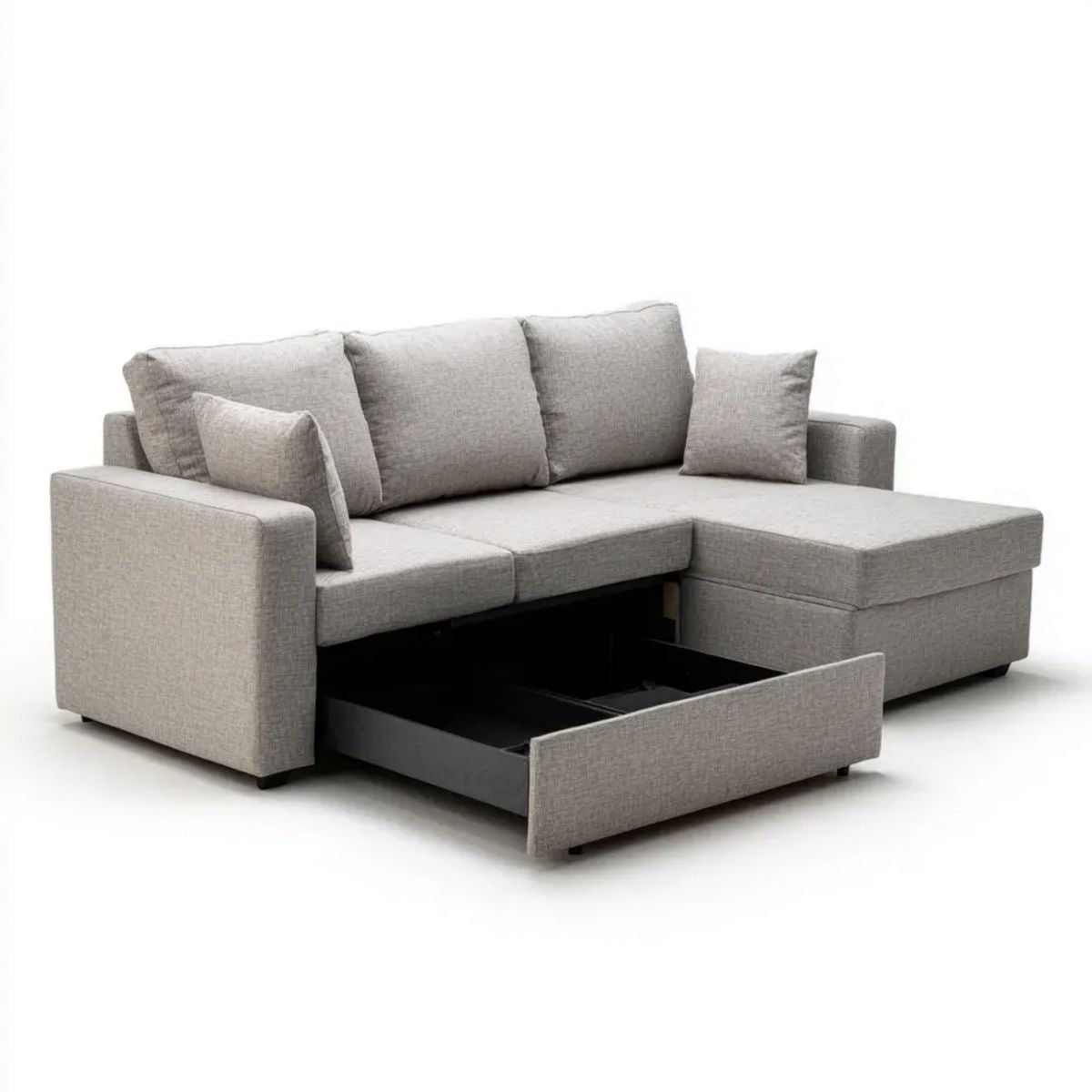 Jasnoszara sofa narożna w kształcie L z szezlongiem i szufladą, tapicerka poliestrowa, 230 x 150 x 85 cm