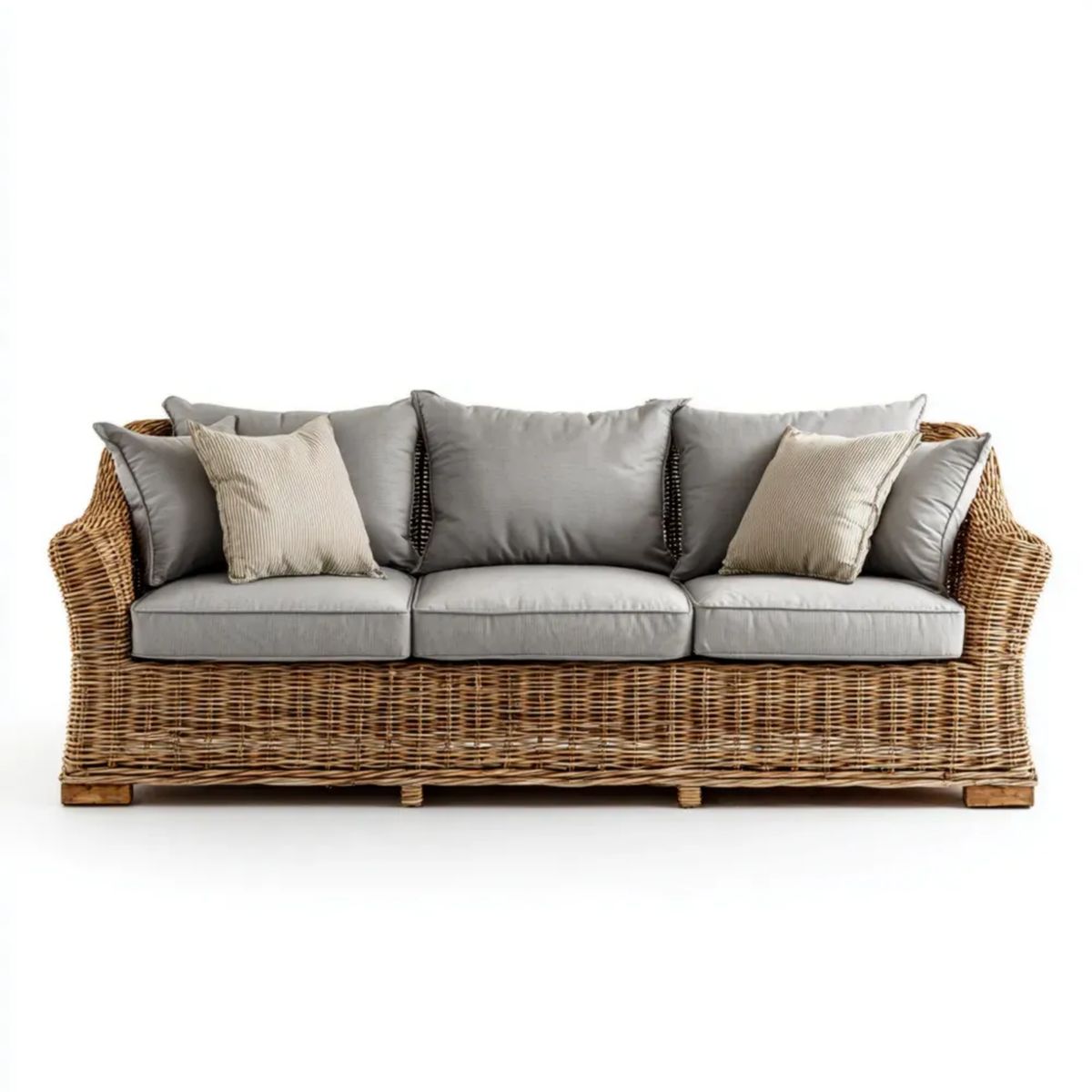 3-osobowa sofa ogrodowa z naturalnego rattanu z poduszkami, naturalny brąz/szary, 220 x 90 x 85 cm