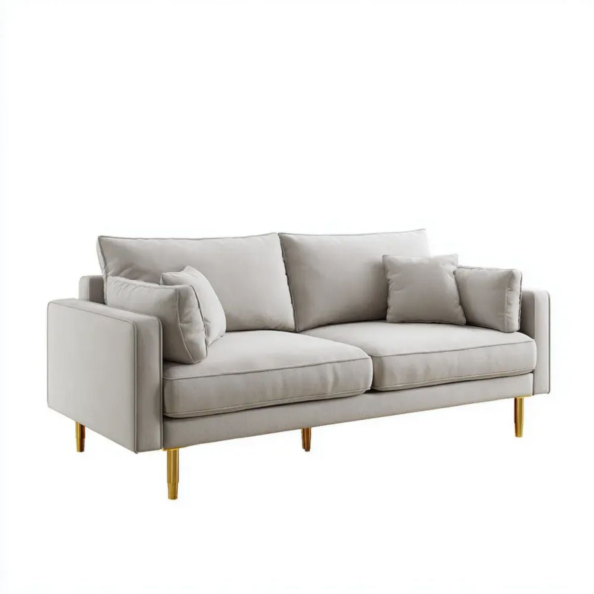 Sofa trzyosobowa jasnoszara ze złotymi nogami, tapicerka poliestrowa, 220 x 92 x 85 cm
