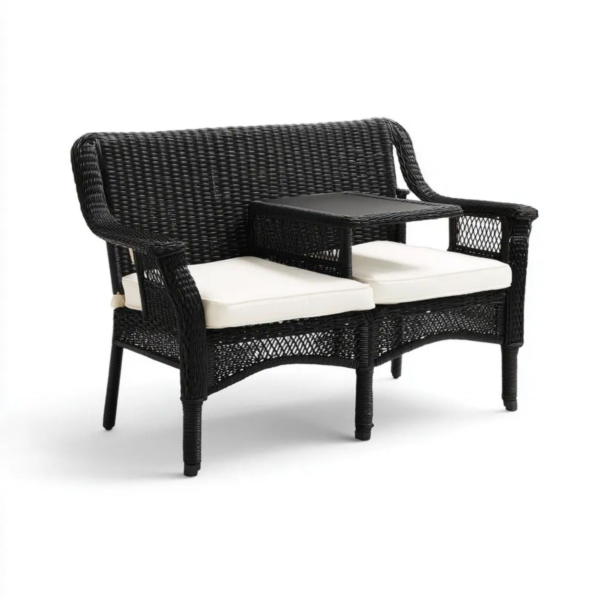 Dwuosobowa sofa ogrodowa z półką, czarna z technorattanu, 130 x 65 x 90 cm