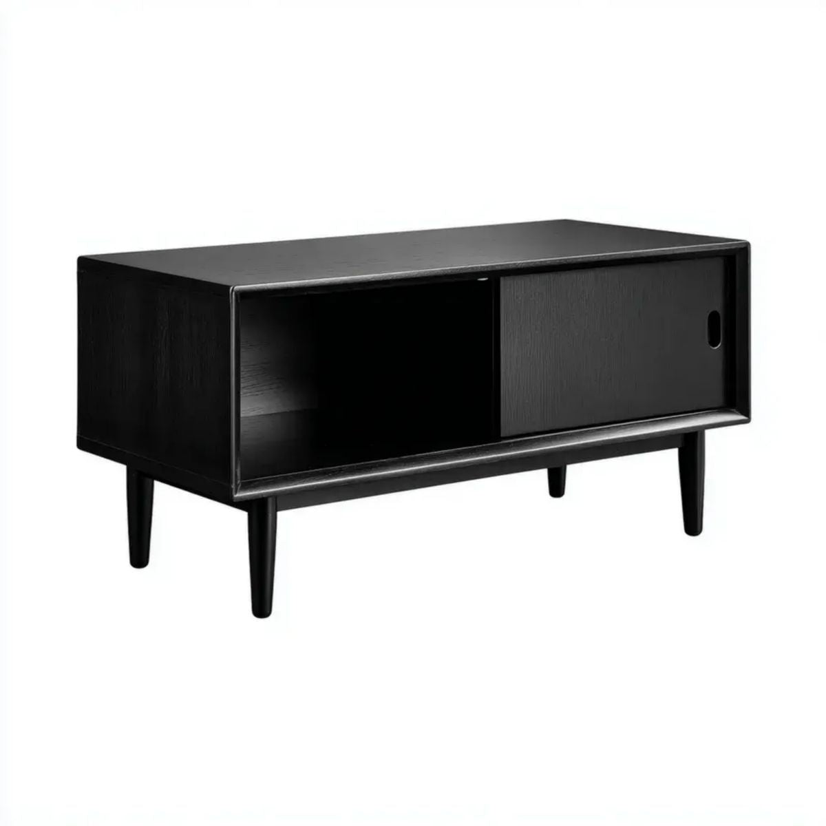 Czarna drewniana szafka RTV 120 × 40 × 55 cm z drzwiami przesuwnymi