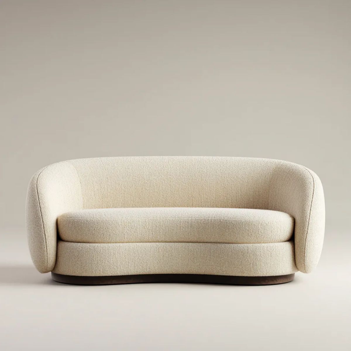 Kremowa dwuosobowa sofa z tkaniny bouclé z ciemnobrązową podstawą, 140 × 80 × 70 cm