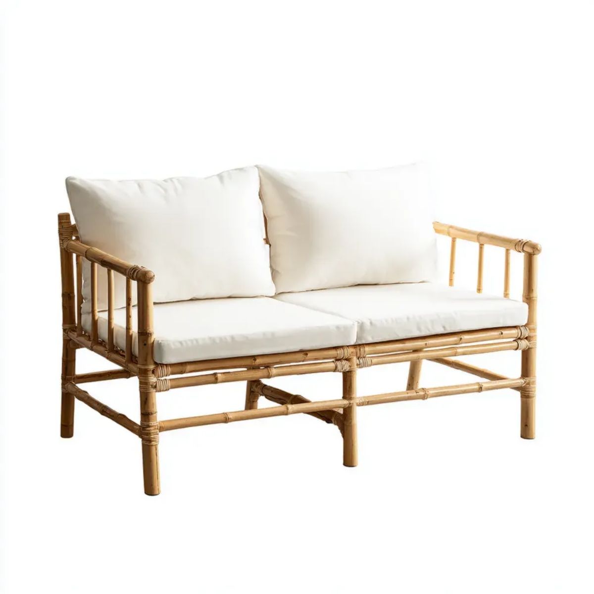 2-osobowa sofa ogrodowa z bambusa z poduszkami, naturalny beż/kremowobiały, 120 x 70 x 78 cm