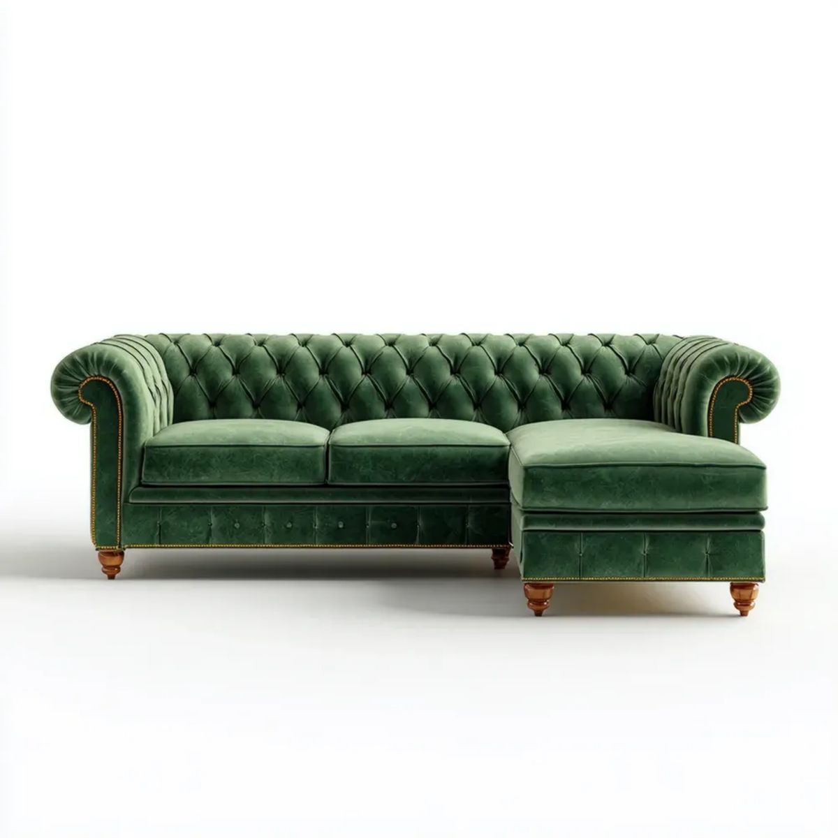 Zielona sofa narożna Chesterfield z aksamitu, prawostronna, 285 × 165 × 78 cm
