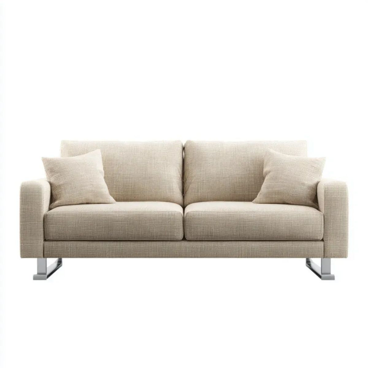 Beżowa sofa dwuosobowa z tapicerką poliestrową i stalowymi nogami, 180 x 85 x 85 cm