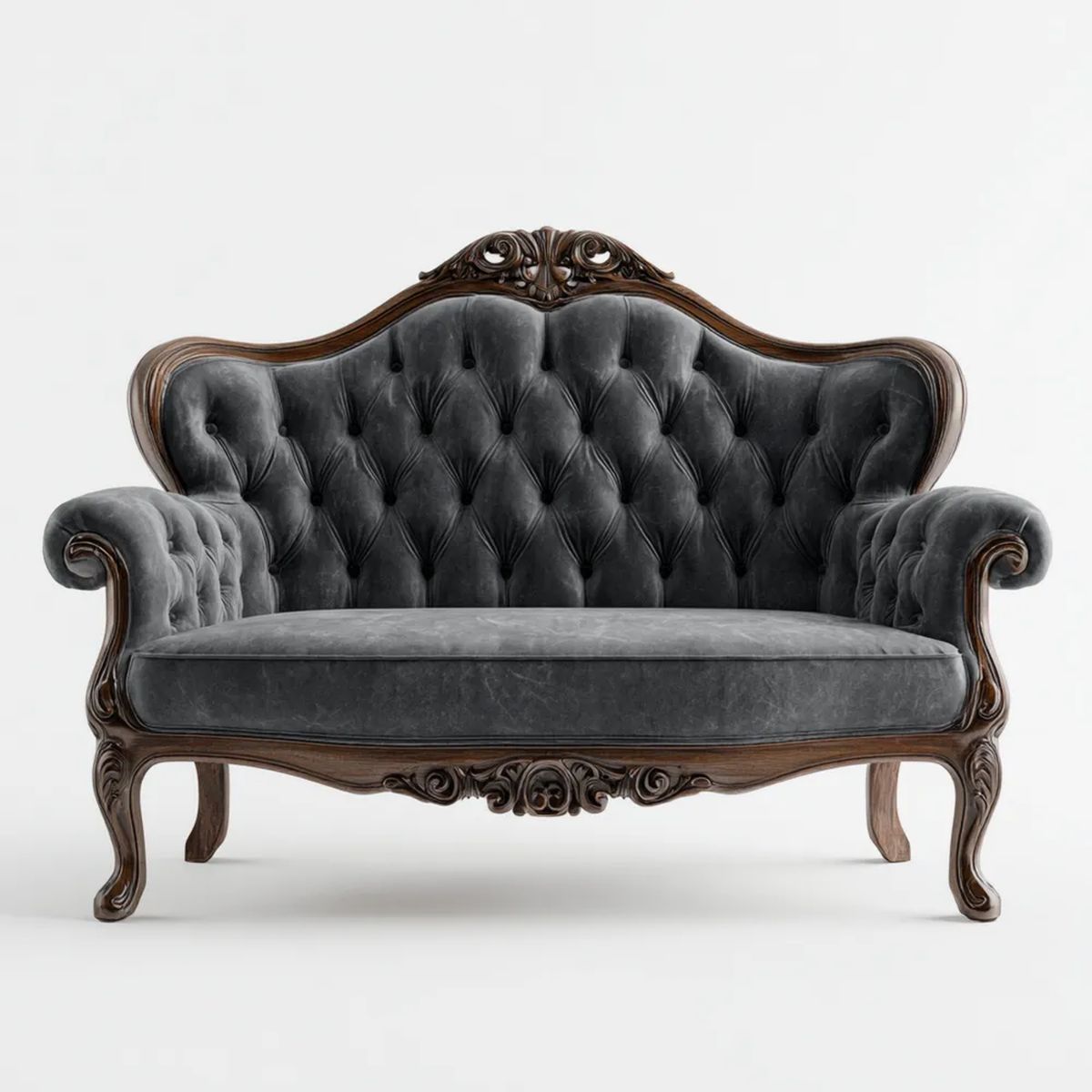 Dwuosobowa sofa z aksamitu z rzeźbioną drewnianą ramą, szara/ciemnobrązowa, 170 x 85 x 110 cm