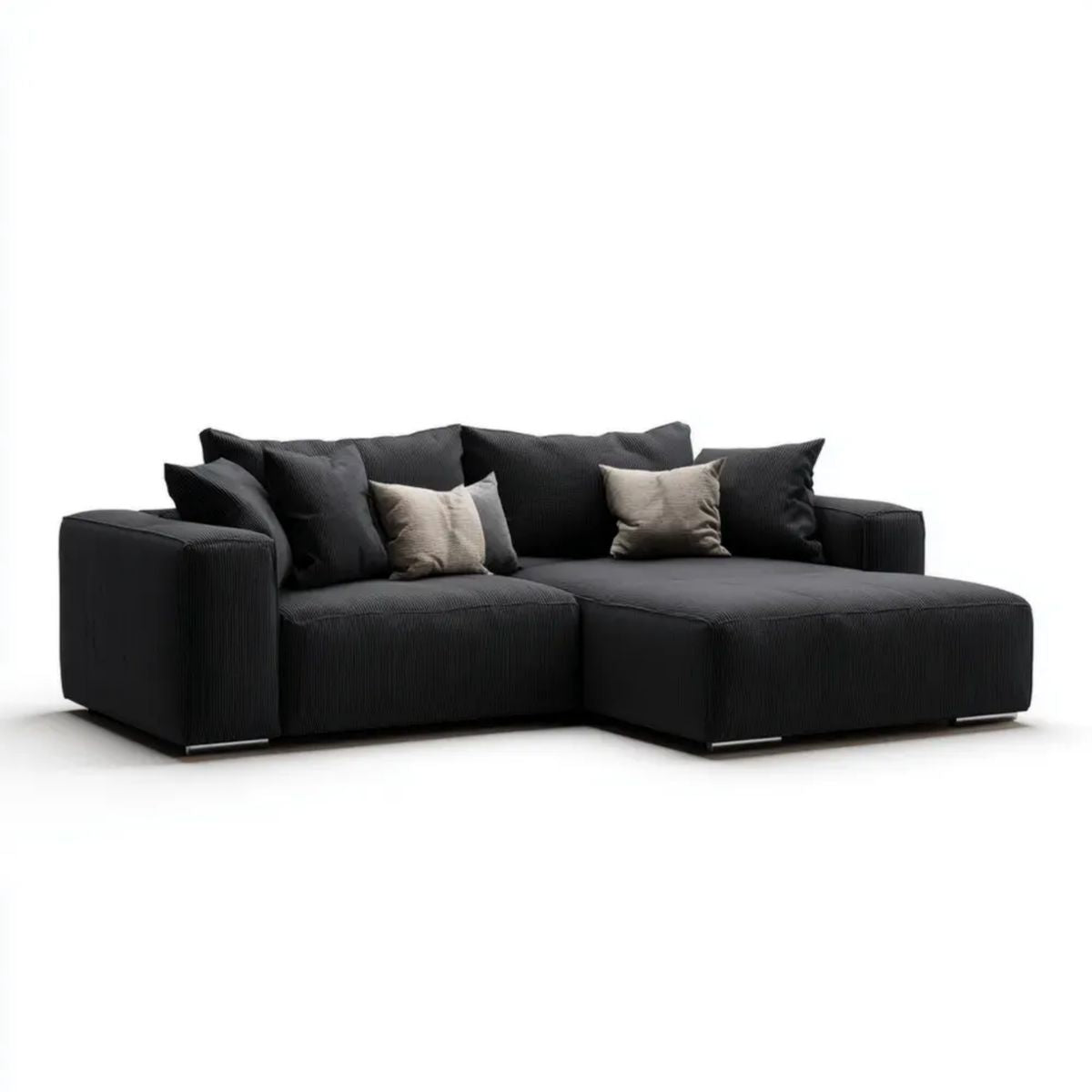 Czarna sofa narożna z szezlongiem po prawej stronie, tapicerka poliestrowa, 280 x 170 x 85 cm