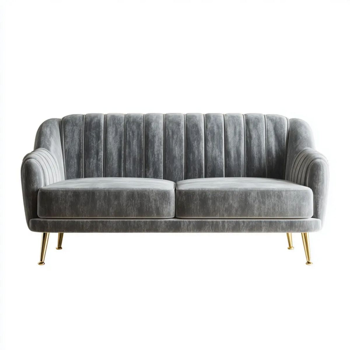 Sofa dwuosobowa półokrągła z aksamitu szara ze złotymi metalowymi nóżkami, 160 x 82 x 78 cm