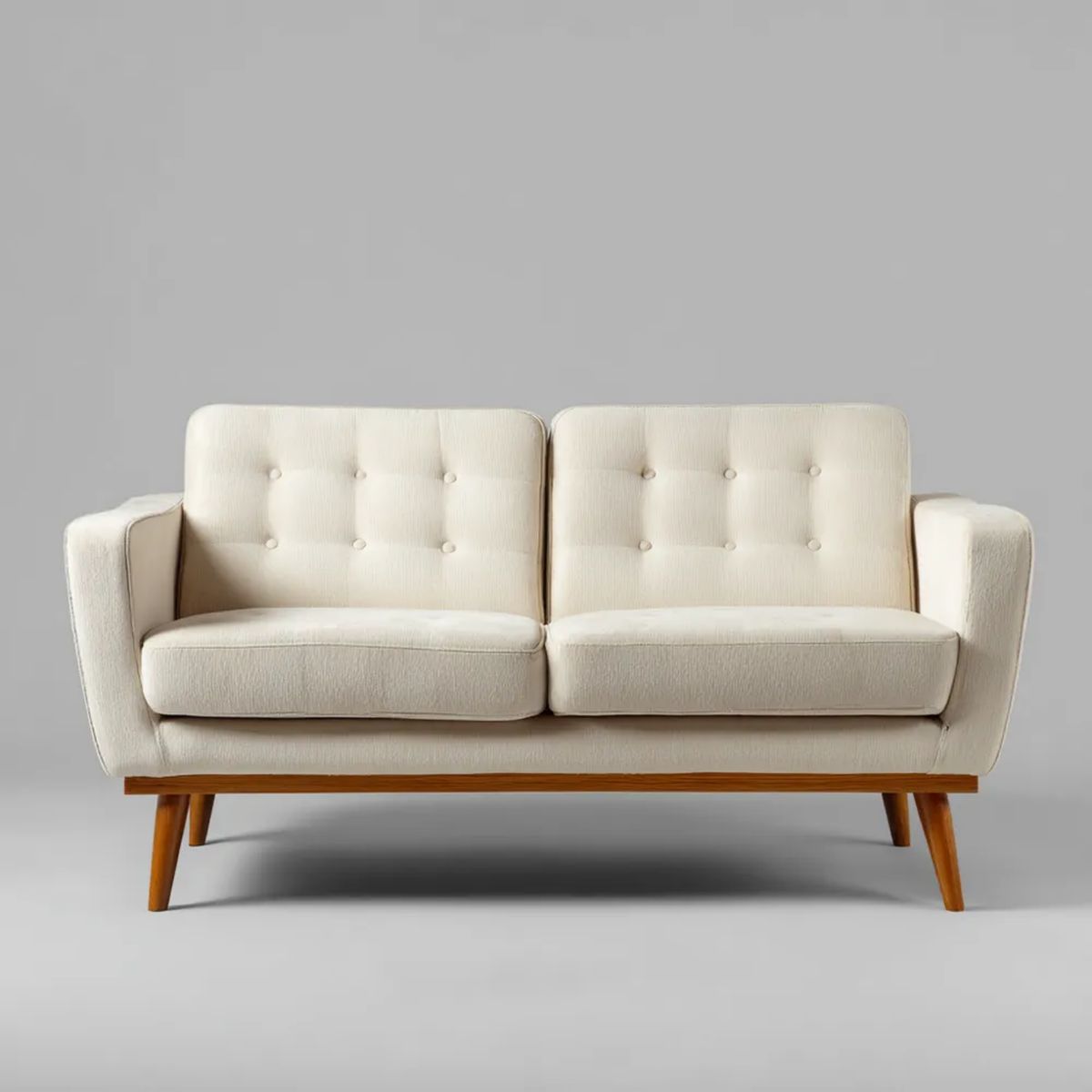 Kremowa sofa dwuosobowa z tapicerką poliestrową i drewnianymi nogami, 145 × 78 × 82 cm