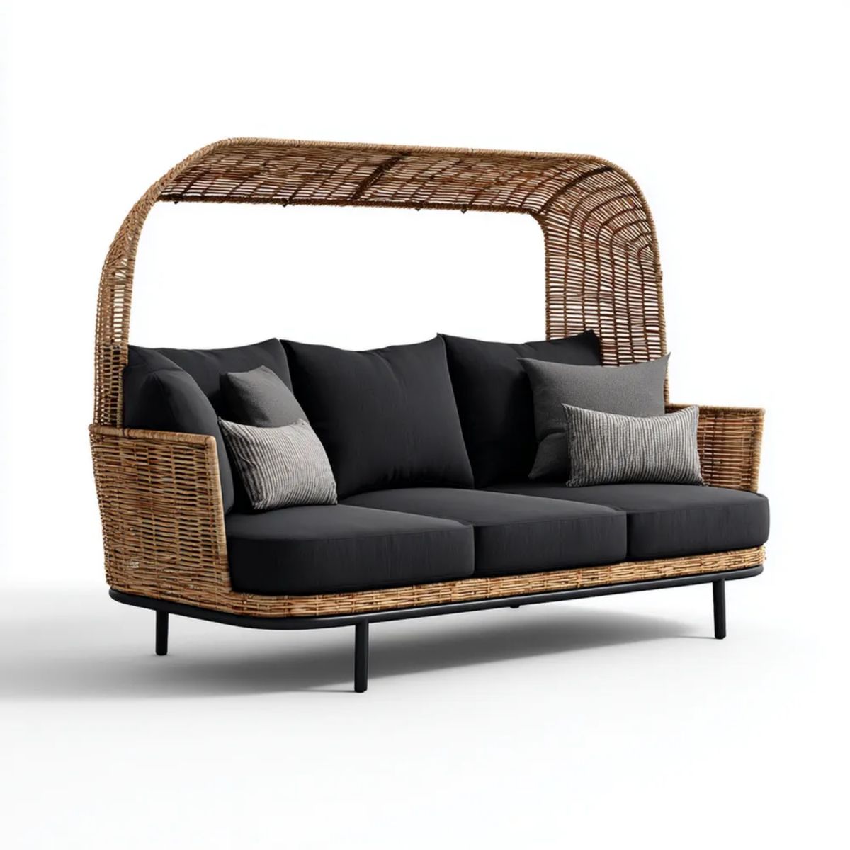 Trzyosobowa sofa ogrodowa z zadaszeniem brązowa z rattanu i stali, 210 x 90 x 200 cm