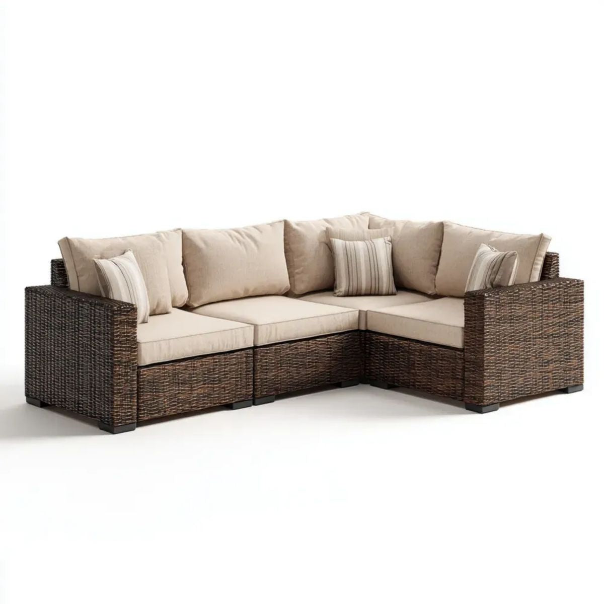 3-osobowa narożna sofa ogrodowa z technorattanu w kształcie L, brązowo-beżowa, 210 × 210 × 85 cm