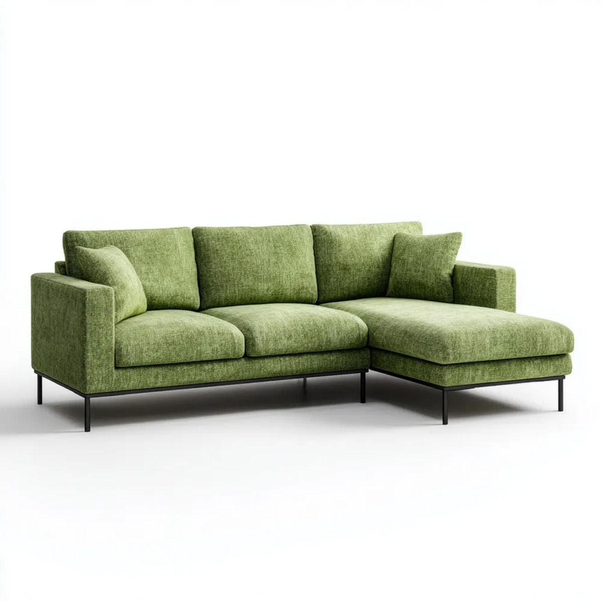 Zielona sofa narożna z szezlongiem po prawej stronie, tapicerka poliestrowa, 250 × 160 × 85 cm