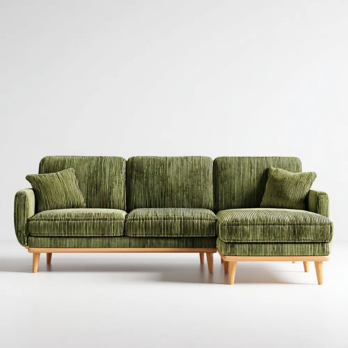 Oliwkowa sofa narożna z prawostronnym szezlongiem z tkaniny sztruksowej, 250 × 160 × 85 cm