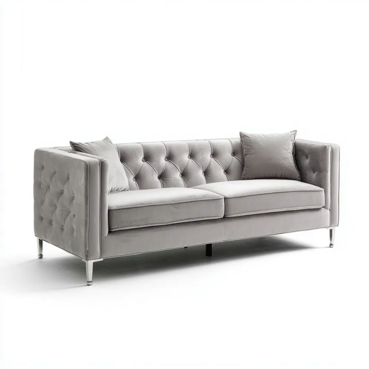 Trzyosobowa sofa welurowa Chesterfield szara/srebrna 220 x 90 x 78 cm